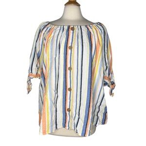 Cato Linen Blend Off Shoulder Striped Flowy Blouse Summer Vacation Colorful EE21